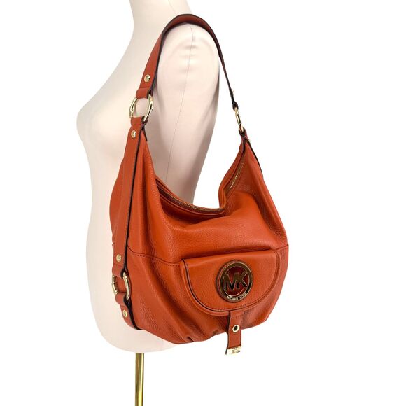 MICHAEL KORS Fulton Large Hobo Bag Orange Pebble Leather Purse Gold Plated Logo - Picture 3 of 15